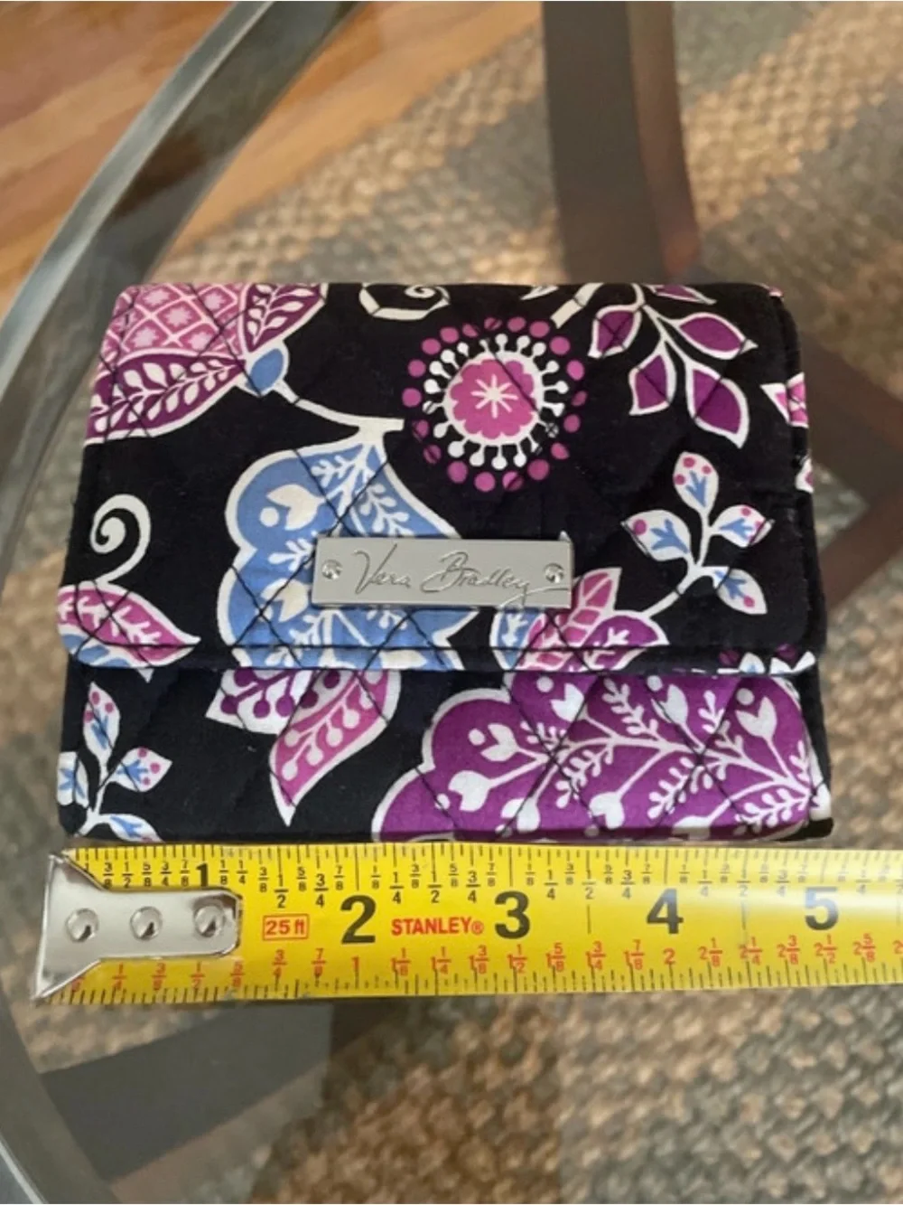 Vera Bradley Quilted Floral Card Wallet in Black, Purple and Light Blue